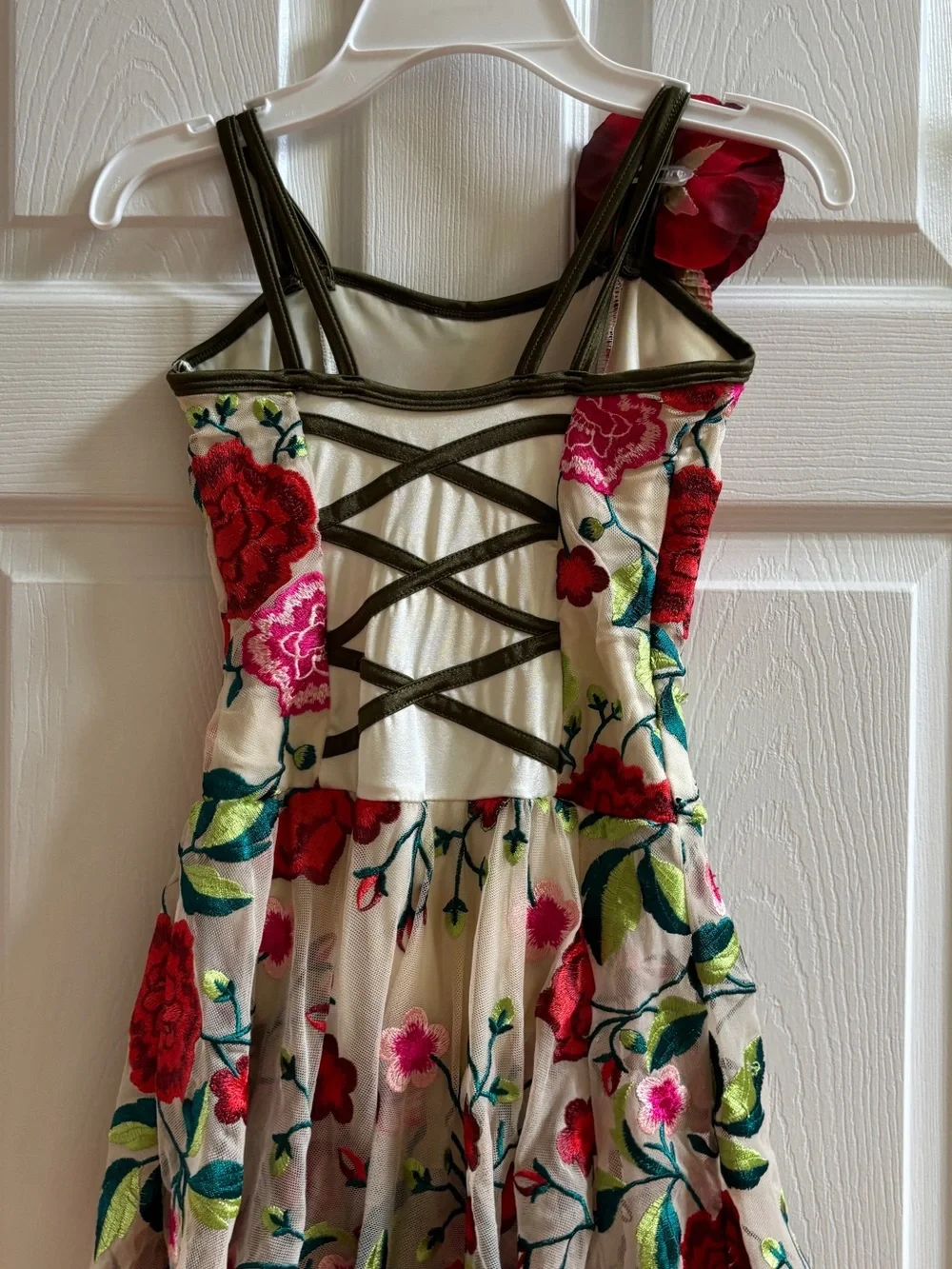 Floral Embroidered Strappy Sundress in Ivory and Red